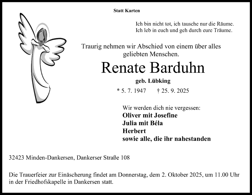  Traueranzeige für Renate Barduhn vom 27.09.2025 aus Mindener Tageblatt