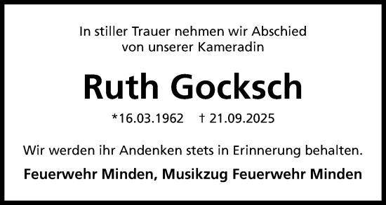 Anzeige von Ruth Gocksch von Mindener Tageblatt