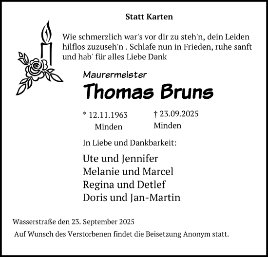 Anzeige von Thomas Bruns von Mindener Tageblatt