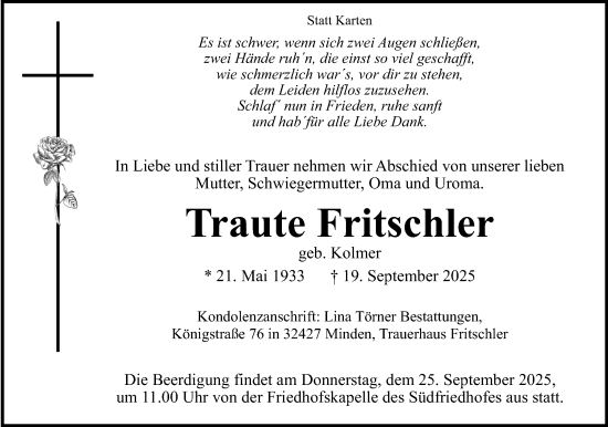 Anzeige von Traute Fritschler von Mindener Tageblatt