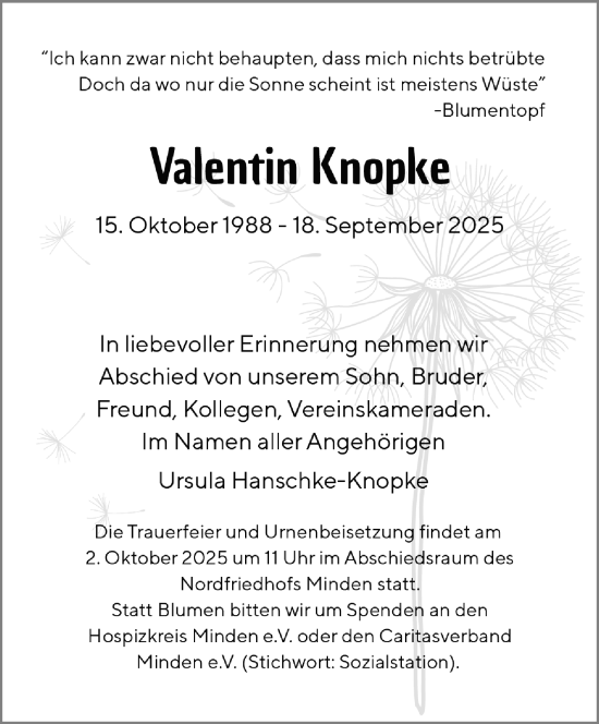 Anzeige von Valentin Knopke von Mindener Tageblatt