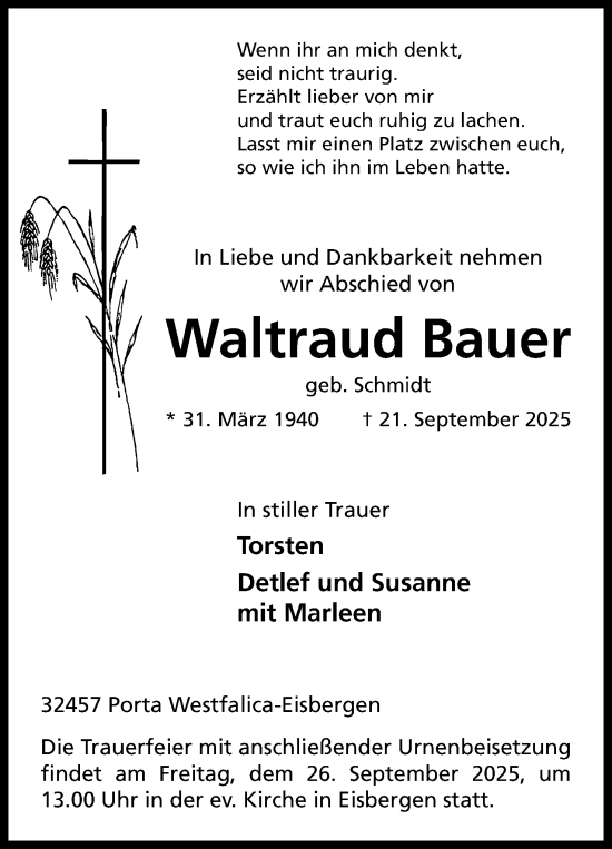 Anzeige von Waltraud Bauer von Mindener Tageblatt