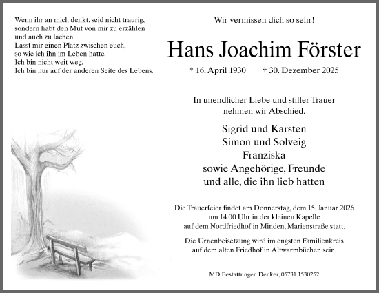 Anzeige von Hans Joachim Förster  