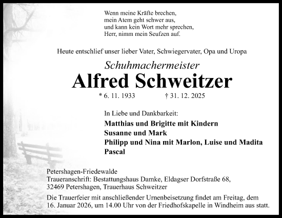 Anzeige von Alfred Schweitzer von Mindener Tageblatt