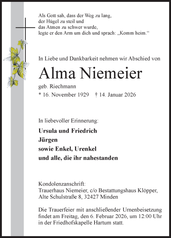 Anzeige von Alma Niemeier von Mindener Tageblatt