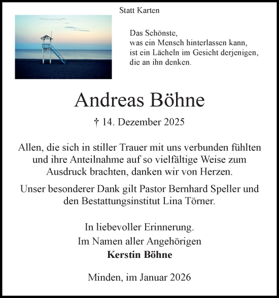 Anzeige von Andreas Böhne von Mindener Tageblatt