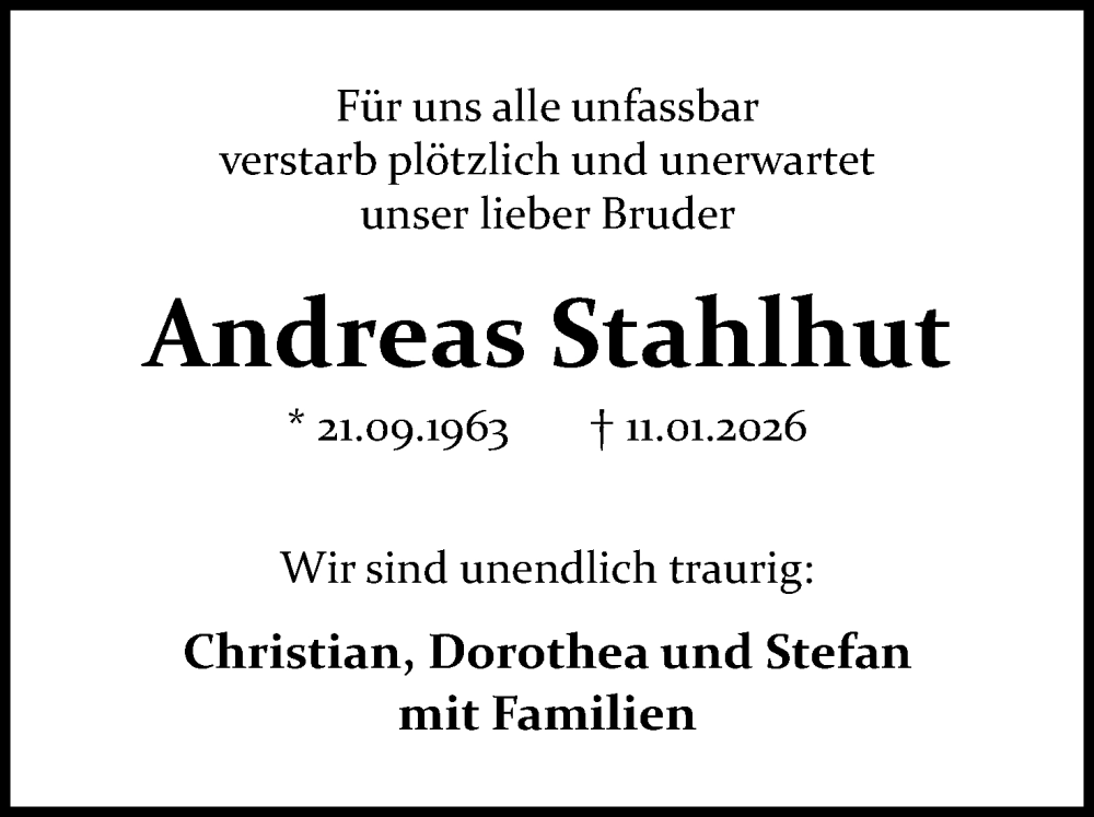  Traueranzeige für Andreas Stahlhut vom 17.01.2026 aus Mindener Tageblatt