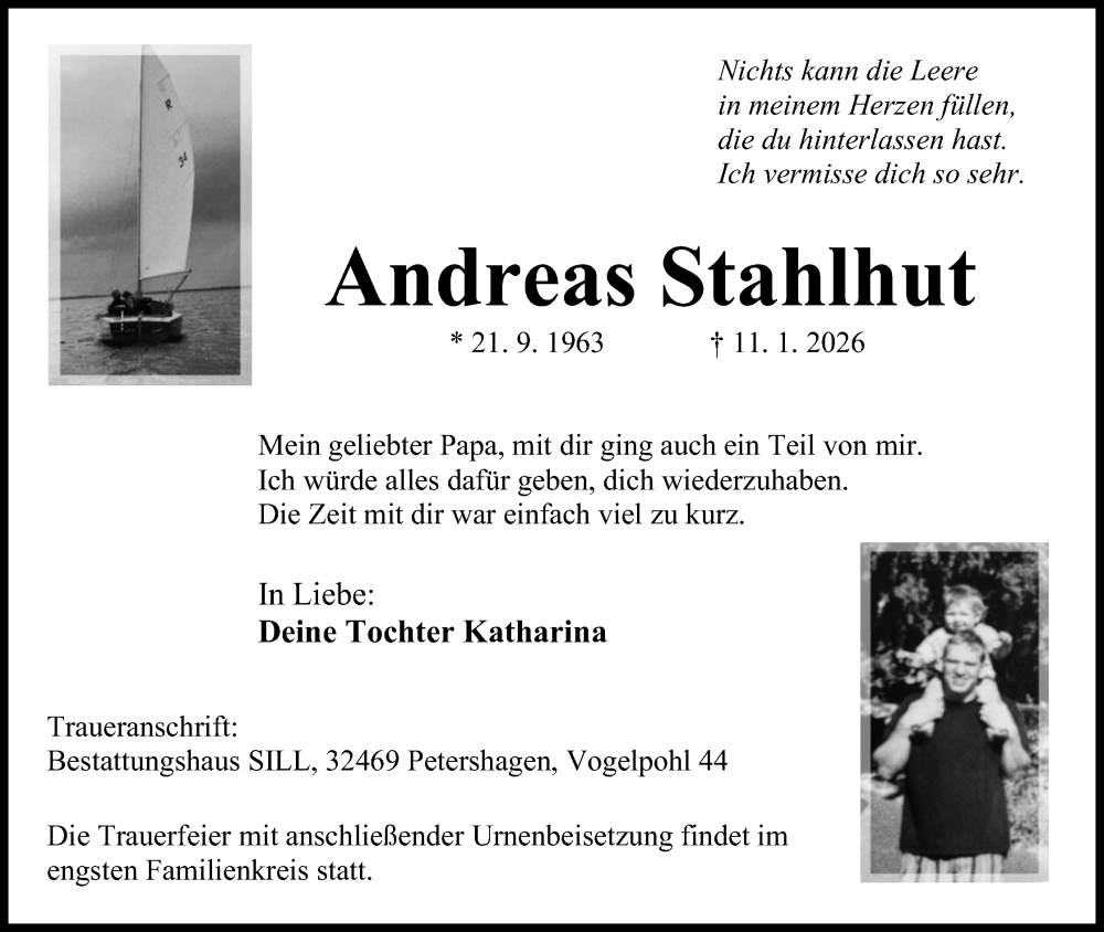  Traueranzeige für Andreas Stahlhut vom 17.01.2026 aus Mindener Tageblatt