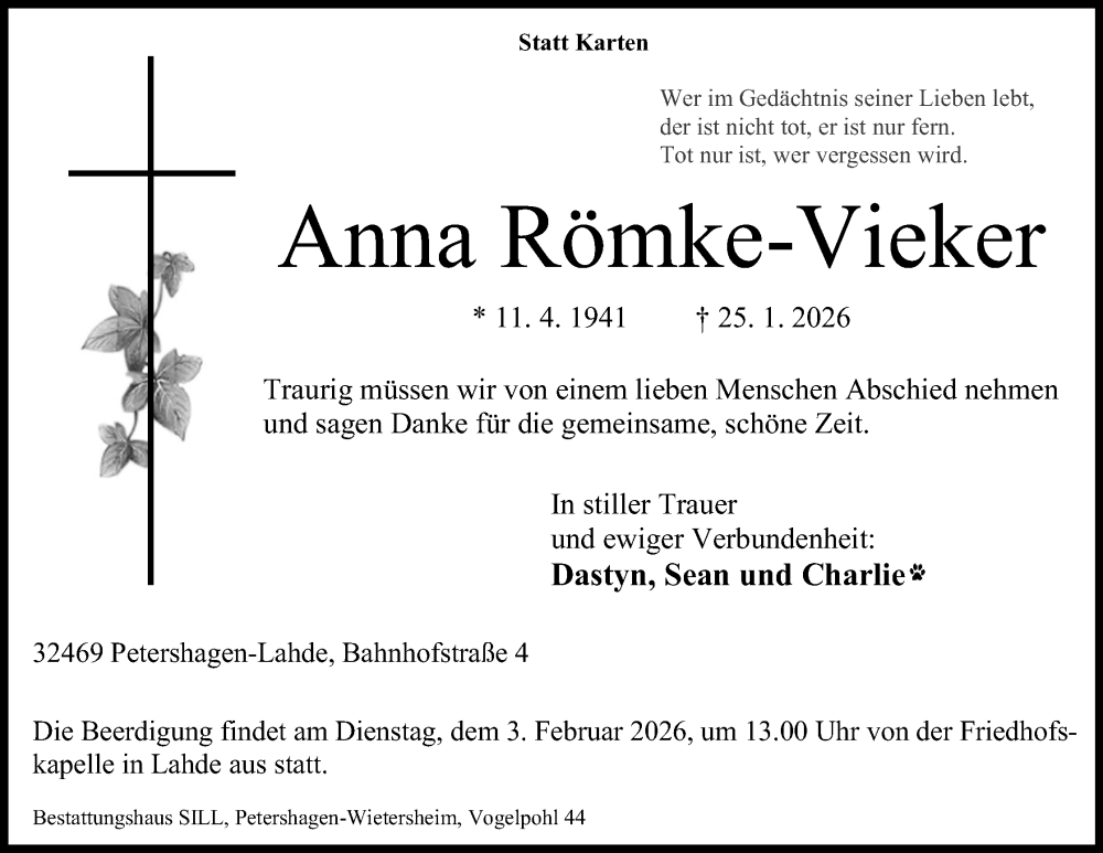  Traueranzeige für Anna Römke-Vieker vom 31.01.2026 aus Mindener Tageblatt