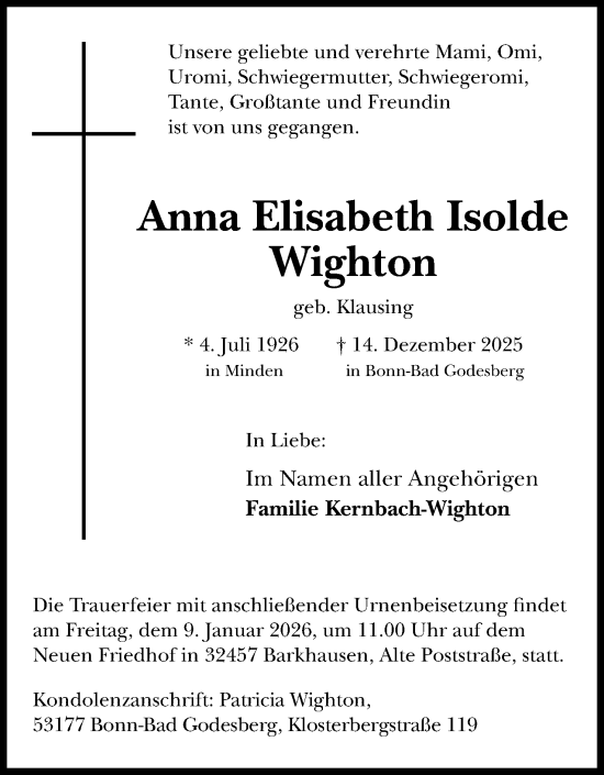 Anzeige von Anna Elisabeth Isolde Wighton von Mindener Tageblatt