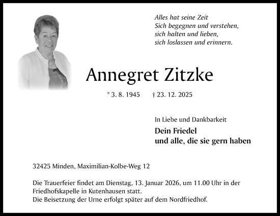 Anzeige von Annegret Zitzke von Mindener Tageblatt