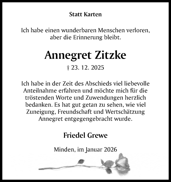 Anzeige von Annegret Zitzke von Mindener Tageblatt