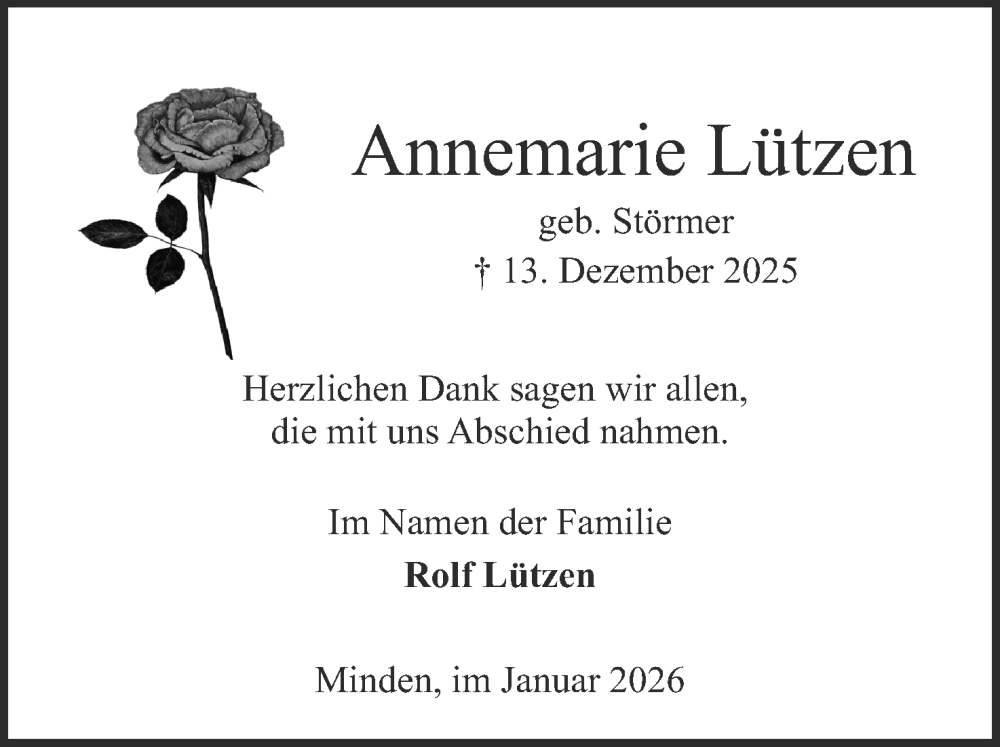  Traueranzeige für Annemarie Lützen vom 17.01.2026 aus Mindener Tageblatt