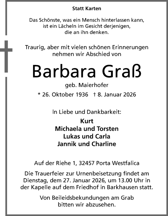 Anzeige von Barbara Graß von Mindener Tageblatt