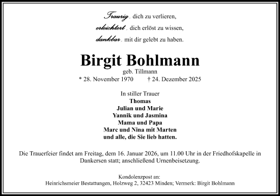 Anzeige von Birgit Bohlmann von Mindener Tageblatt