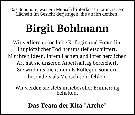 Anzeige von Birgit Bohlmann von Mindener Tageblatt