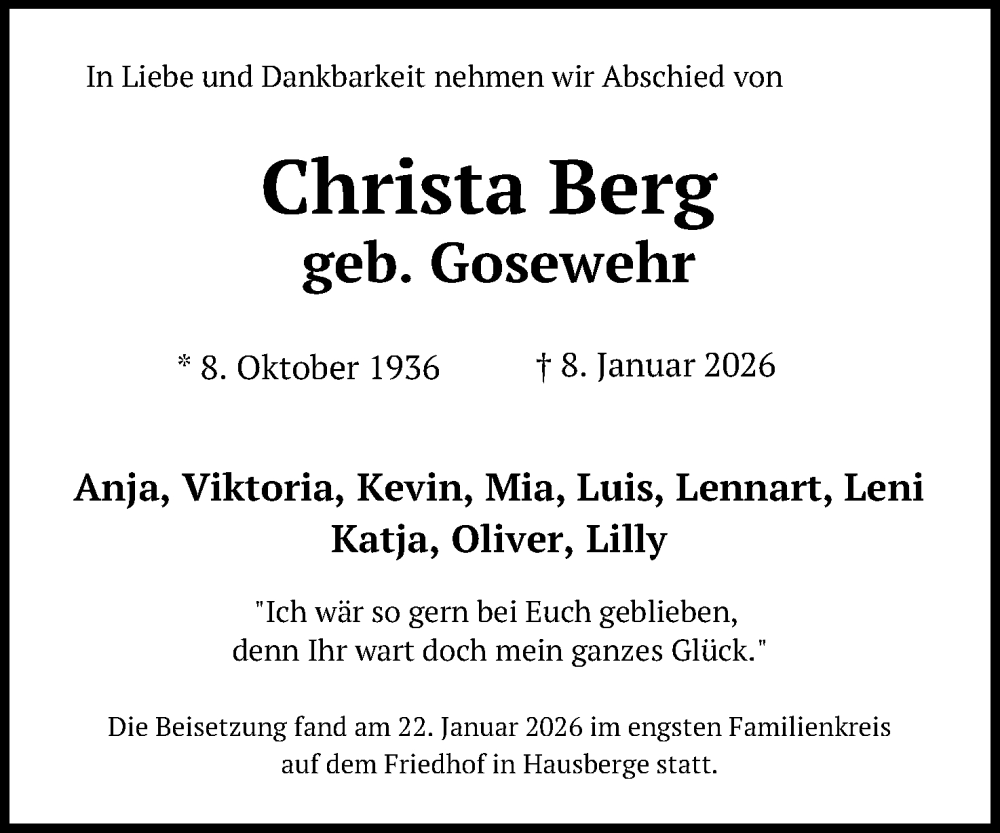  Traueranzeige für Christa Berg vom 24.01.2026 aus Mindener Tageblatt