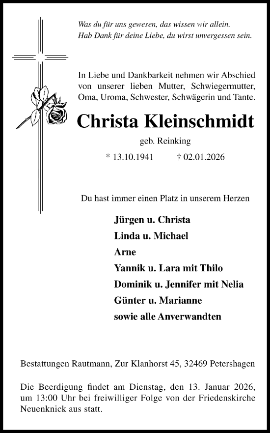 Anzeige von Christa Kleinschmidt von Mindener Tageblatt