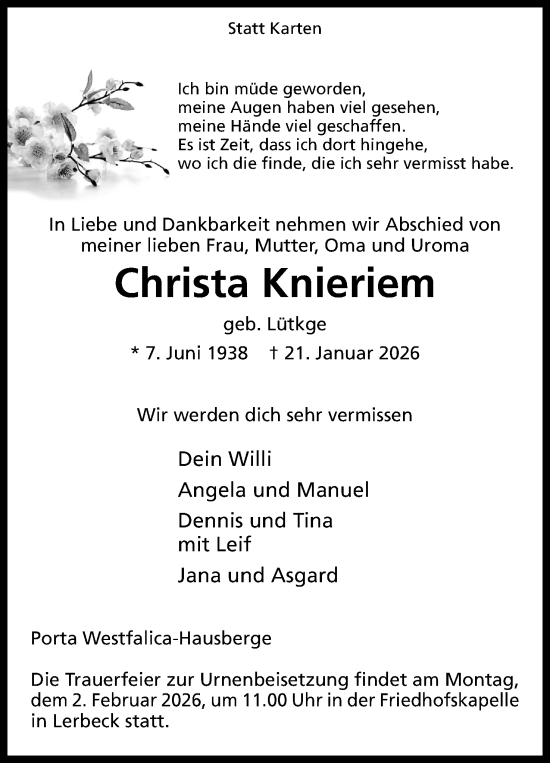 Anzeige von Christa Knieriem von Mindener Tageblatt