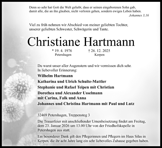 Anzeige von Christiane Hartmann von Mindener Tageblatt