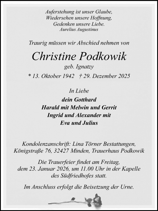 Anzeige von Christine Podkowik von Mindener Tageblatt