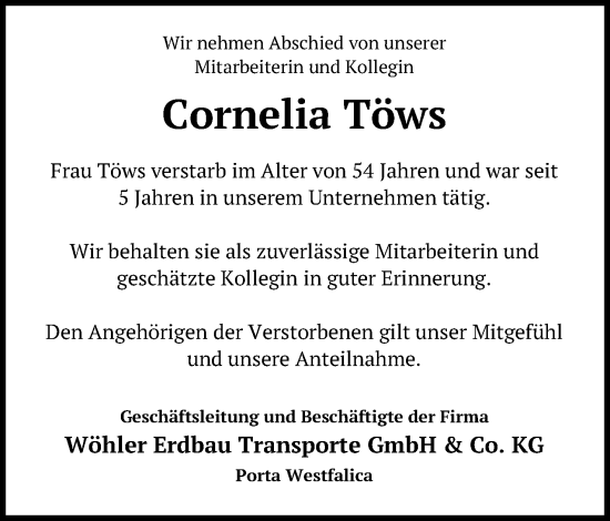 Anzeige von Cornelia Töws von Mindener Tageblatt