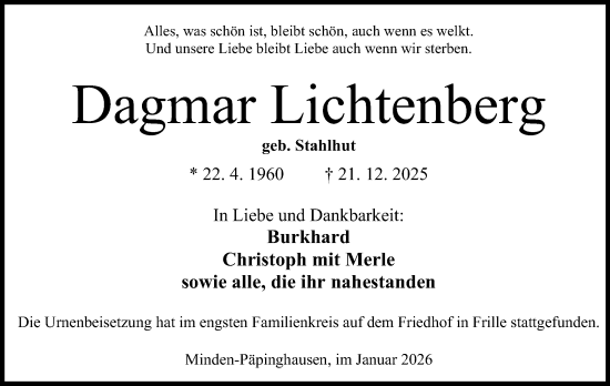 Anzeige von Dagmar Lichtenberg von Mindener Tageblatt