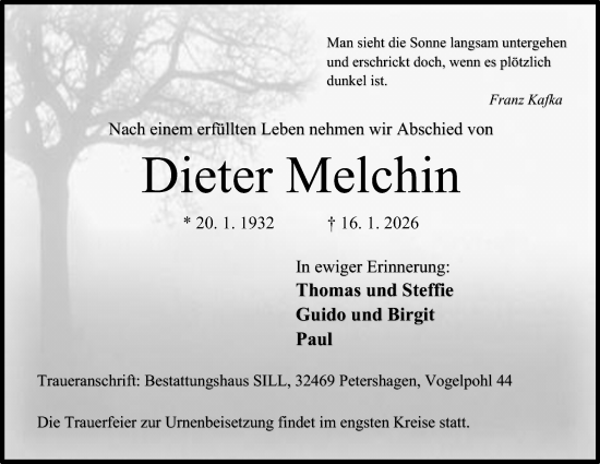 Anzeige von Dieter Melchin von Mindener Tageblatt