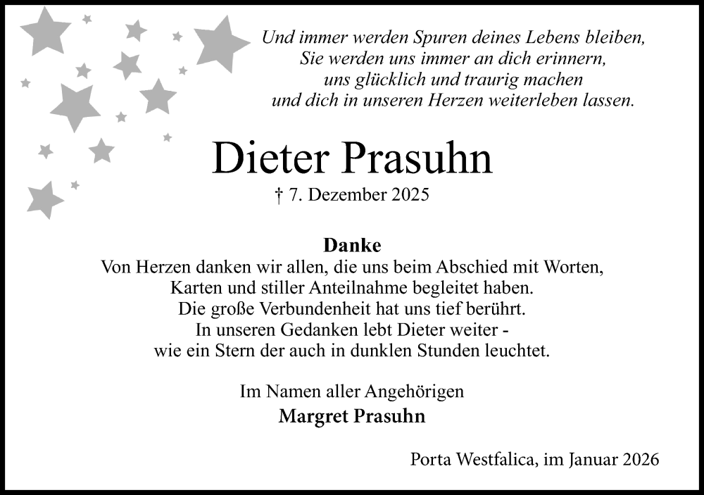  Traueranzeige für Dieter Prasuhn vom 10.01.2026 aus Mindener Tageblatt