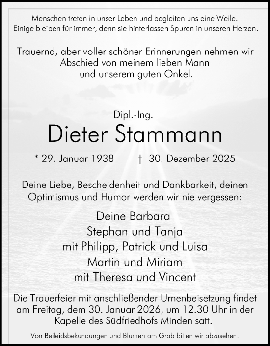 Anzeige von Dieter Stammann von Mindener Tageblatt