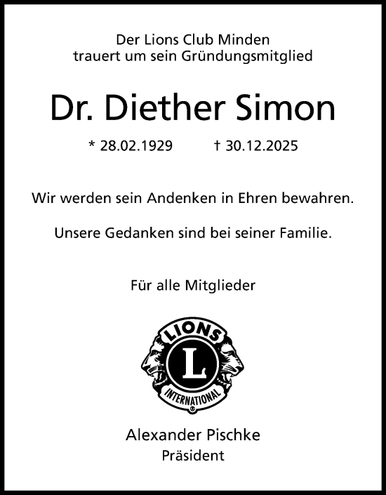 Anzeige von Diether Simon von Mindener Tageblatt
