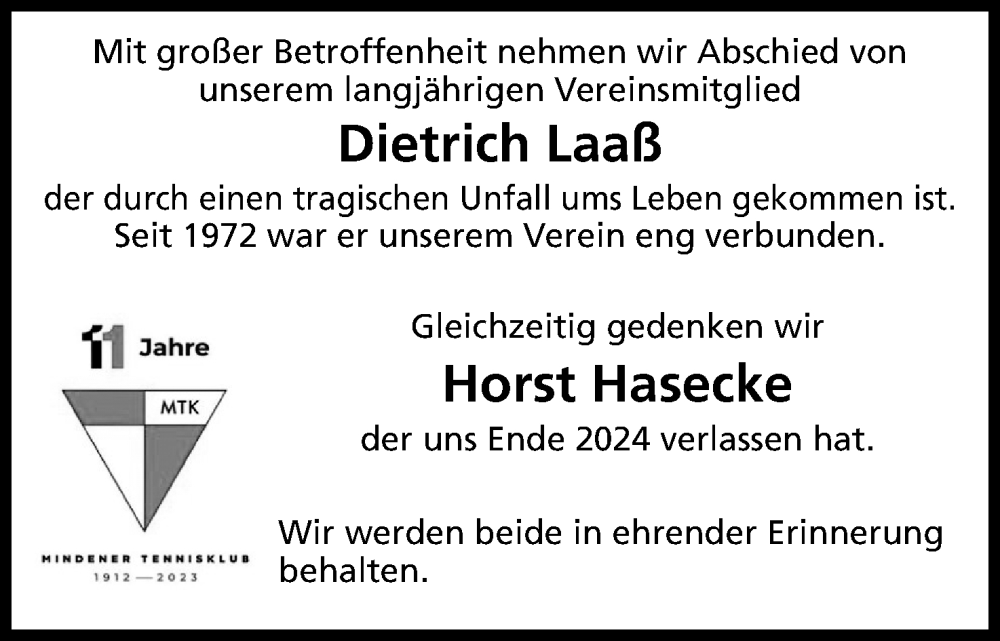  Traueranzeige für Dietrich Laaß vom 24.01.2026 aus Mindener Tageblatt