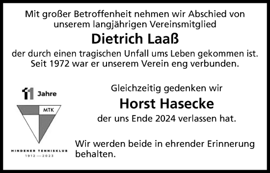 Anzeige von Dietrich Laaß von Mindener Tageblatt