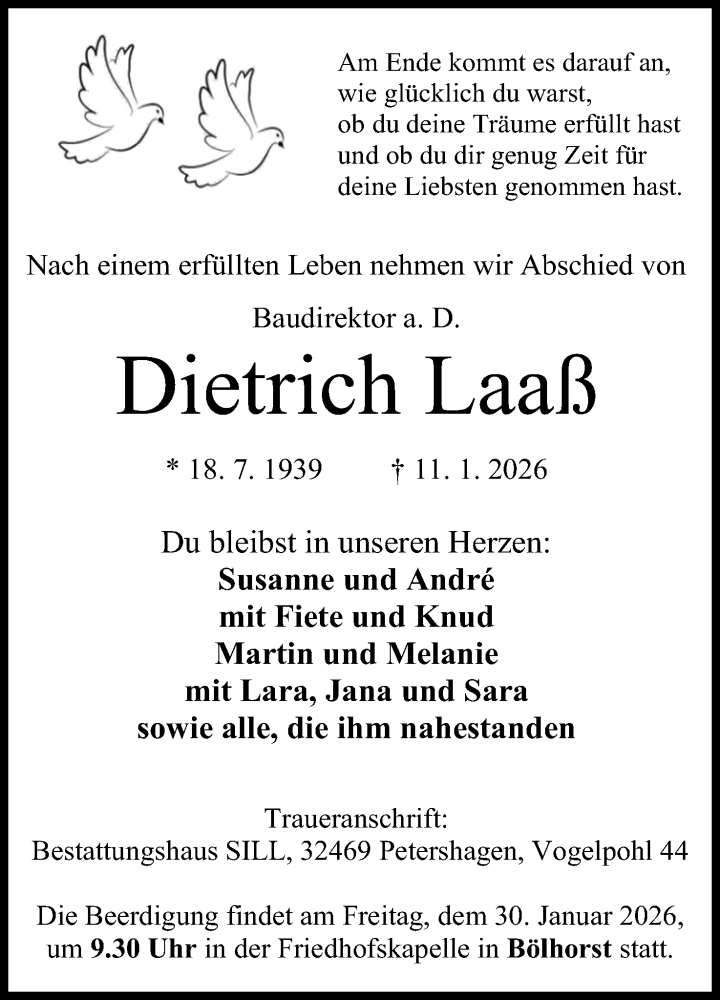  Traueranzeige für Dietrich Laaß vom 24.01.2026 aus Mindener Tageblatt