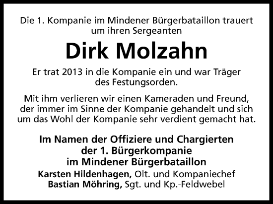 Anzeige von Dirk Molzahn von Mindener Tageblatt
