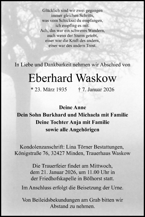 Anzeige von Eberhard Waskow von Mindener Tageblatt