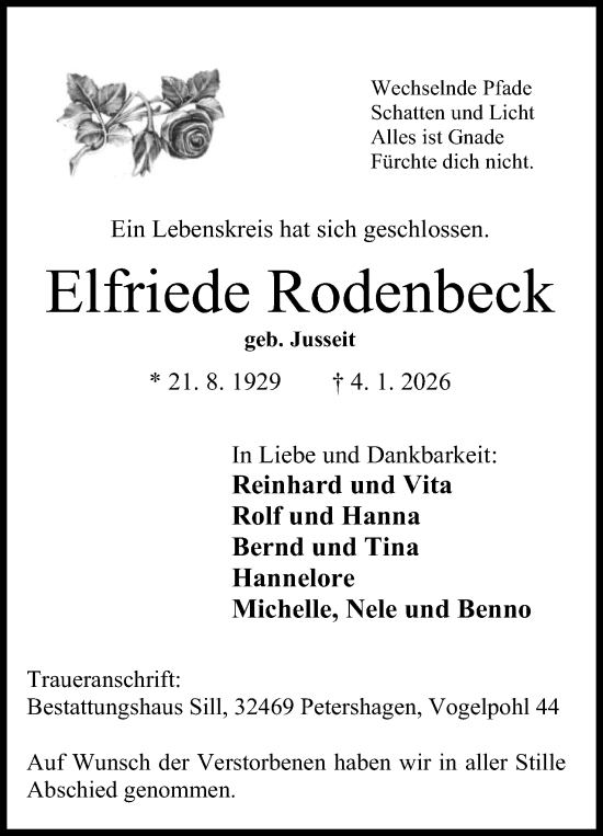 Anzeige von Elfriede Rodenbeck von Mindener Tageblatt