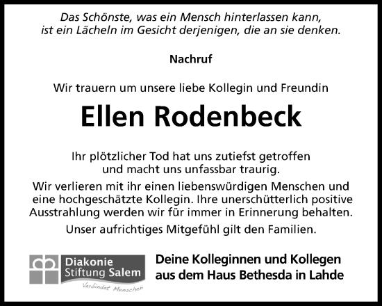 Anzeige von Ellen Rodenbeck von Mindener Tageblatt