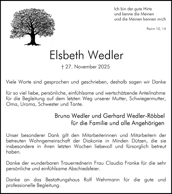 Anzeige von Elsbeth Wedler von Mindener Tageblatt