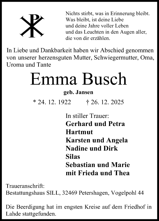 Anzeige von Emma Busch von Mindener Tageblatt