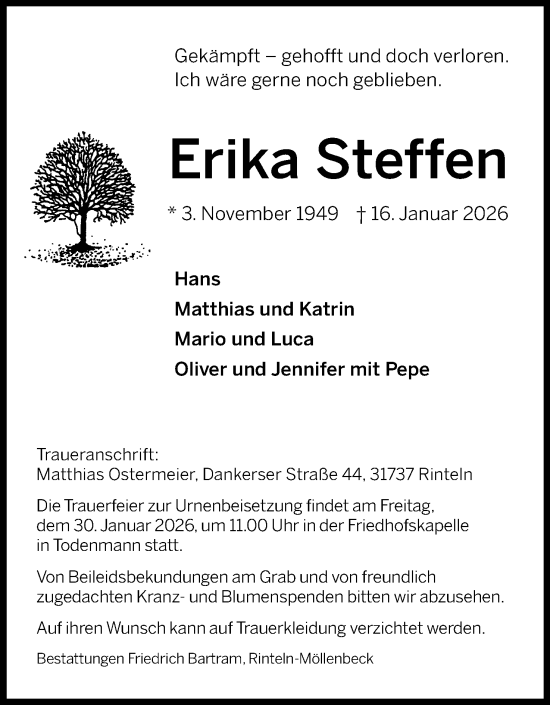 Anzeige von Erika Steffen von Mindener Tageblatt