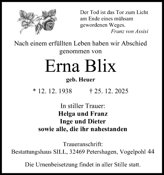 Anzeige von Erna Blix von Mindener Tageblatt