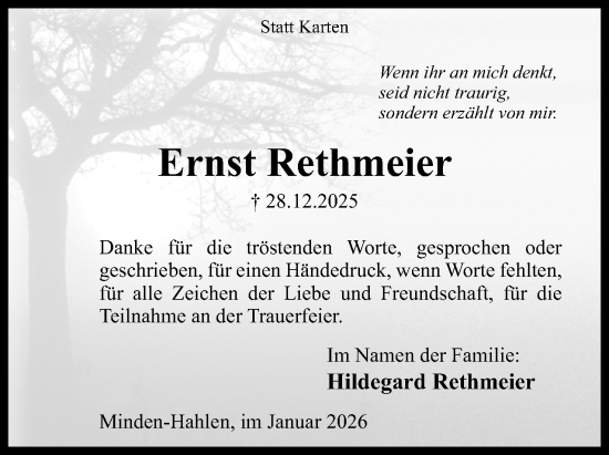 Anzeige von Ernst Rethmeier von Mindener Tageblatt