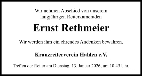 Anzeige von Ernst Rethmeier von Mindener Tageblatt