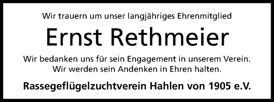 Anzeige von Ernst Rethmeier von Mindener Tageblatt