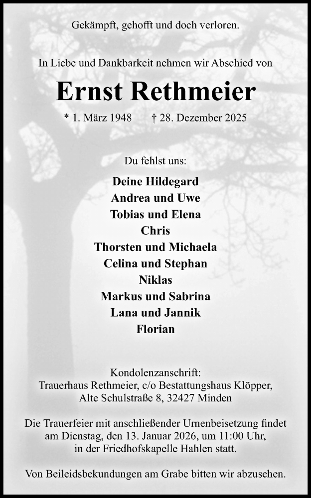  Traueranzeige für Ernst Rethmeier vom 03.01.2026 aus Mindener Tageblatt