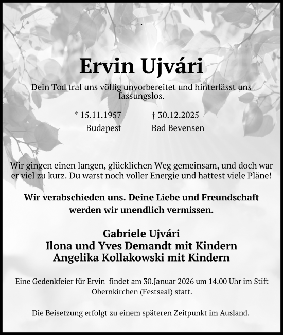 Anzeige von Ervin Ujvári von Mindener Tageblatt