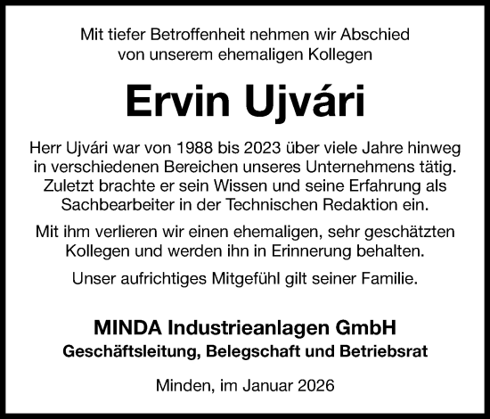 Anzeige von Ervin Ujvári von Mindener Tageblatt