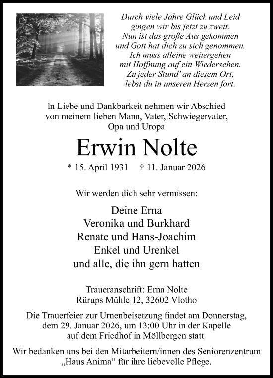 Anzeige von Erwin Nolte von Mindener Tageblatt