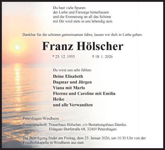 Anzeige von Franz Hölscher von Mindener Tageblatt